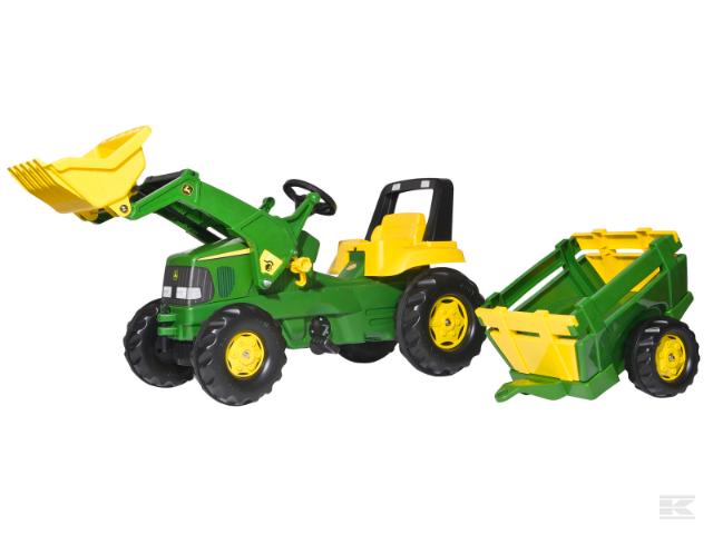 John Deere pedaltraktor med frontlæsser og vogn